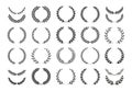 Set of different black and white silhouette round laurel foliate and wheat wreaths depicting an award, achievement, heraldry,