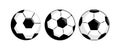 Set of different black and white soccer or football balls with a variety of pentagonal logo patterns, isolated on white