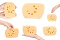 set of different blocks of cheese with hand, isolated on white background Royalty Free Stock Photo