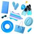 Set of different blue beach accessories on white background