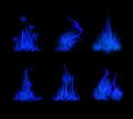 Set of Different Blue Fire Flame Bonfire Isolated on Background
