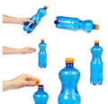 set of different Blue plastic water bottle with orange cap, isolated on white background, with hand. Royalty Free Stock Photo