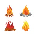 Set of different bonfires with flame of fire, campfires, camping. Royalty Free Stock Photo