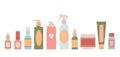 Set of different bottles, flacons, sprays for design cosmetic products in colorful flat vector illustration.