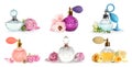 Set with different bottles of perfume and flowers on white background. Banner design Royalty Free Stock Photo
