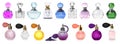 Set with different bottles of perfume on background, banner design