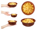 set of different bowl of corn flakes with hand isolated on white background. Royalty Free Stock Photo