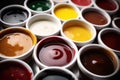 Set of different bowls of various dip sauces. Top view. Generative AI Royalty Free Stock Photo