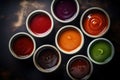 Set of different bowls of various dip sauces. Top view. Generative AI Royalty Free Stock Photo