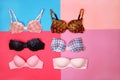 Set of different bras on multicolored background Royalty Free Stock Photo