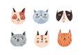 Set of different breeds cat muzzle vector flat illustration. Collection portraits of various cute childish domestic Royalty Free Stock Photo