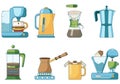 Set of different brewing methods of coffee jugs mugs and kettles electrical coffee machine Royalty Free Stock Photo
