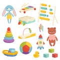 Set of different bright children`s toys. Inventory for children`s games and entertainment. Sports, plush, musical and