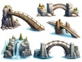 A set of different bright fantasy bridges. Game elements wooden bridges over water. AI Generated