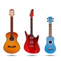 Set of different bright realistic guitars. Retro acoustic guitar, electric rock guitar and a little blue ukulele. flat vector Royalty Free Stock Photo