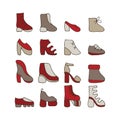 set of different bright shoes. summer, winter, demi-season shoes. all Seasons. Modern boots. vector illustration.