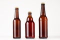 Set of different brown beer bottles 500ml and 330ml mock up. Template for advertising, design, branding identity on white wood ta Royalty Free Stock Photo
