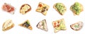 Set of different bruschettas on background, top view. Banner design