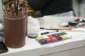 Set of different brushes in a case. Make-up artist draws on the table Royalty Free Stock Photo