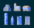 Set of different buildings, facades architectural structures. Urban architecture skyscrapers.