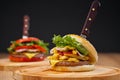 A set of different burgers. Fast food restaurant board. A diverse snack menu. Serving on a wooden board on a black Royalty Free Stock Photo