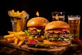 Set of different burgers with french fries and a glass of beer. Burger with chicken, beef and smoked pork. Photo for the menu Royalty Free Stock Photo