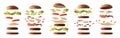 Set of different burgers with ingredients by layers white isolated