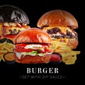 Set Of Different Burgers With White And Black Buns Isolated On Black Background
