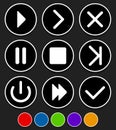 Set of different buttons - Play, next, forward, fastforward, exit - quit, stop, checkmark, pause. 5 colors plus black versions. Royalty Free Stock Photo