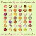 Cakes and donut icons. Different donuts on a light green background.