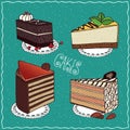 Set of different cakes in handmade cartoon style