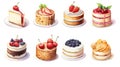 Set of different cakes. Isolated on white background. illustration. Generative AI