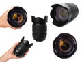 set of different camera lens with hand, isolated on white background Royalty Free Stock Photo