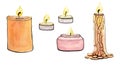 Set of different candles isolated on white background. Watercolor drawing with black outline. Royalty Free Stock Photo