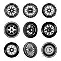 Set of different car and motorcycle wheels in monochrome style. Design element for logo, label, sign, poster, card Royalty Free Stock Photo