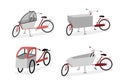 Set of different cargo bikes with two and tree wheels and rain cover, box bicycle. Elegant cartoon realistic bicycles on Royalty Free Stock Photo
