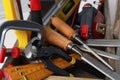 Set of different carpenter`s tools, closeup view