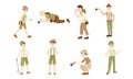 Set of different cartoon archaeologist characters at work. Vector illustration in flat cartoon style.