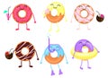 Set of different cartoon donuts. Donut drinks cocktail, eats ice cream and floats. Royalty Free Stock Photo