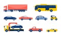 Set of different cartoon flat cars. Side view.