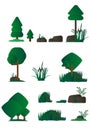 Set of different cartoon flora, marsh plants in flat design, bushes, trees, rocks. Video Game Royalty Free Stock Photo