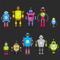 Set Of different cartoon robots characters ,spaceman cyborg icons line style isolated on white background. Royalty Free Stock Photo