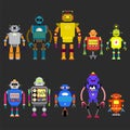 Set Of different cartoon robots characters ,spaceman cyborg icons line style isolated on white background. Royalty Free Stock Photo