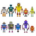 Set Of different cartoon robots characters ,spaceman cyborg icons line style isolated on white background. Royalty Free Stock Photo