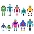 Set Of different cartoon robots characters ,spaceman cyborg icons line style isolated on white background. Royalty Free Stock Photo