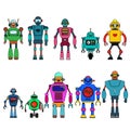 Set Of different cartoon robots characters ,spaceman cyborg icons line style isolated on white background. Royalty Free Stock Photo