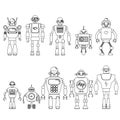 Set Of different cartoon robots characters ,spaceman cyborg icons line style isolated on white background. Royalty Free Stock Photo