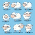 set of different cartoon sheep illustrations on blue background Royalty Free Stock Photo