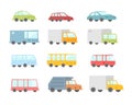 Set of different cartoon transparent cars buses and trucks. Flat vector stock illustration.