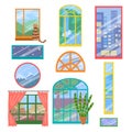 Set of different cartoon windows with curtains, a cat, plants and a different look. Vector stickers with architecture elements.